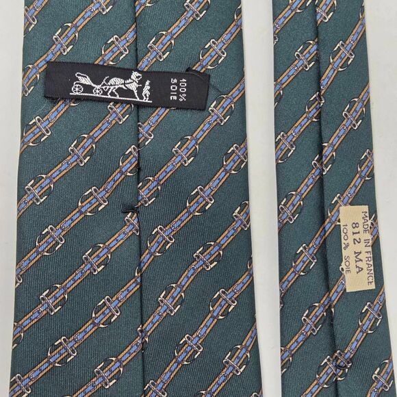 HERMES PARIS SILK TIE GREEN BLUE STIRRUP STRIPE EQUESTRIAN 812 MA 3.5" X 56" - Picture 5 of 5